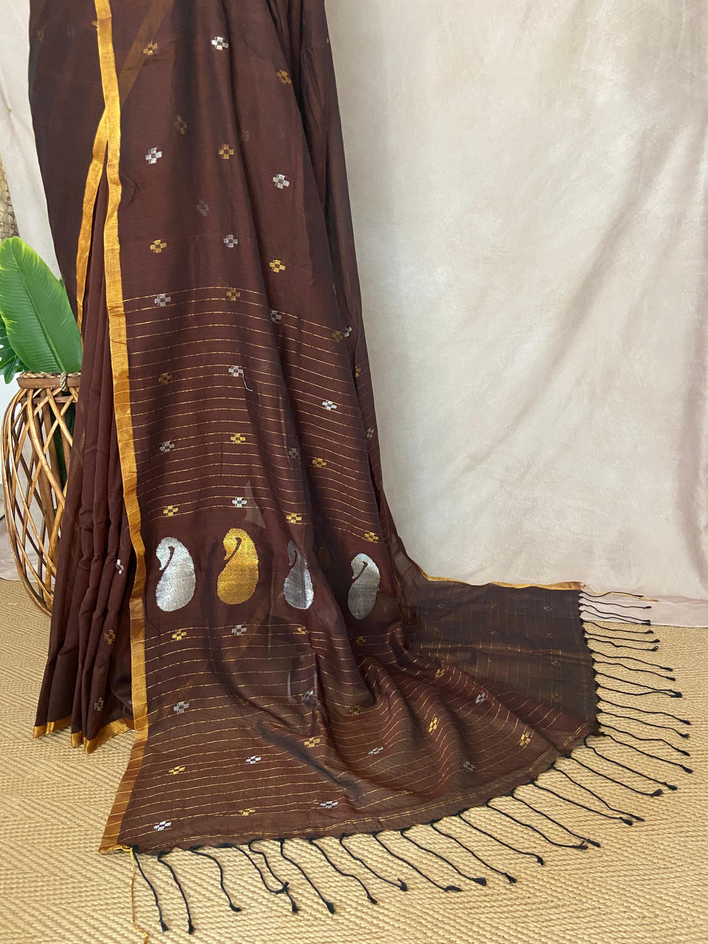Brown cotton silk handloom jamdani saree with stitched blouse