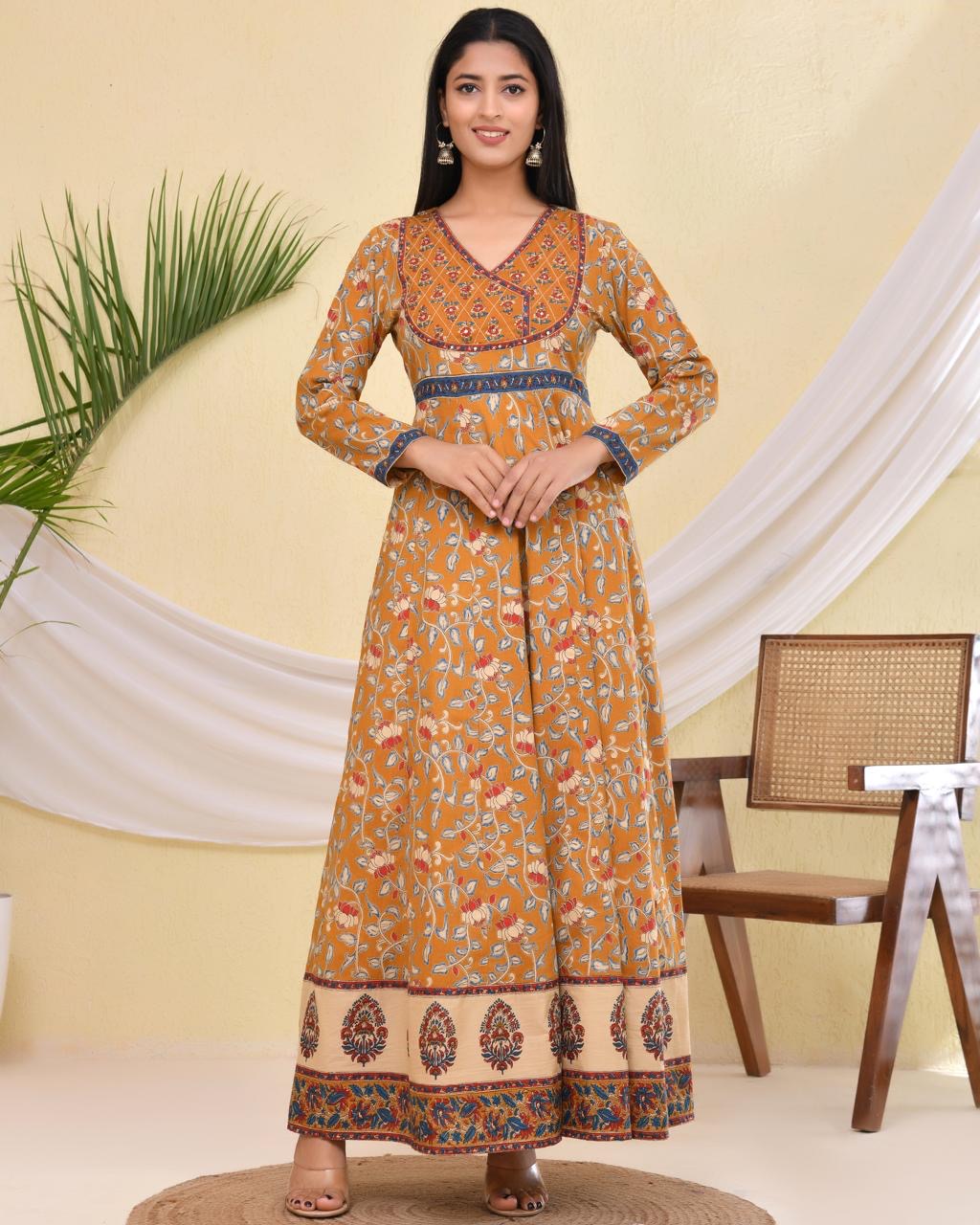 Mustard yellow long dress with kalamkari print