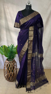 Pure Purple Maheshwari silk saree with stitched blouse