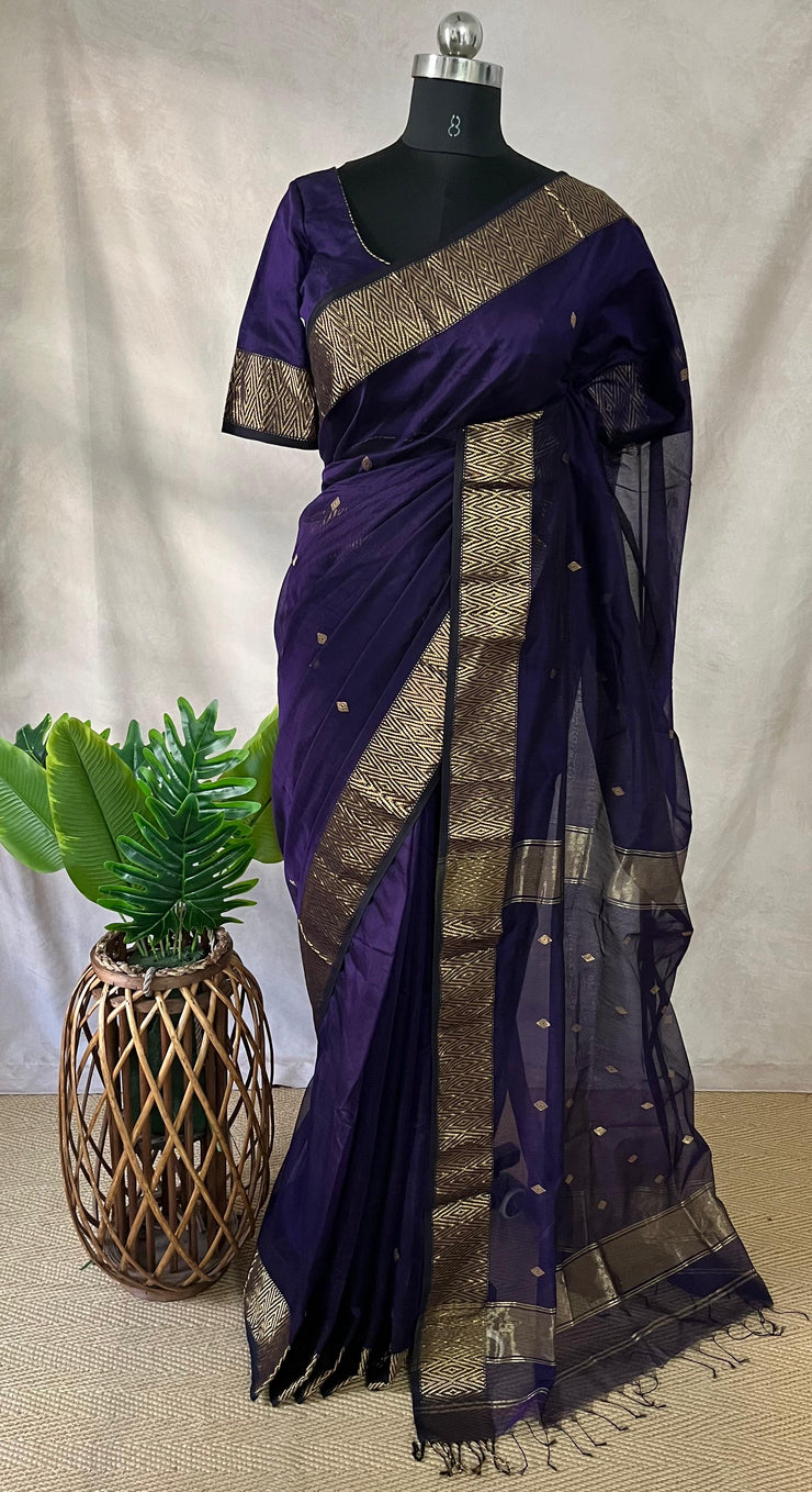 Pure Purple Maheshwari silk saree with stitched blouse