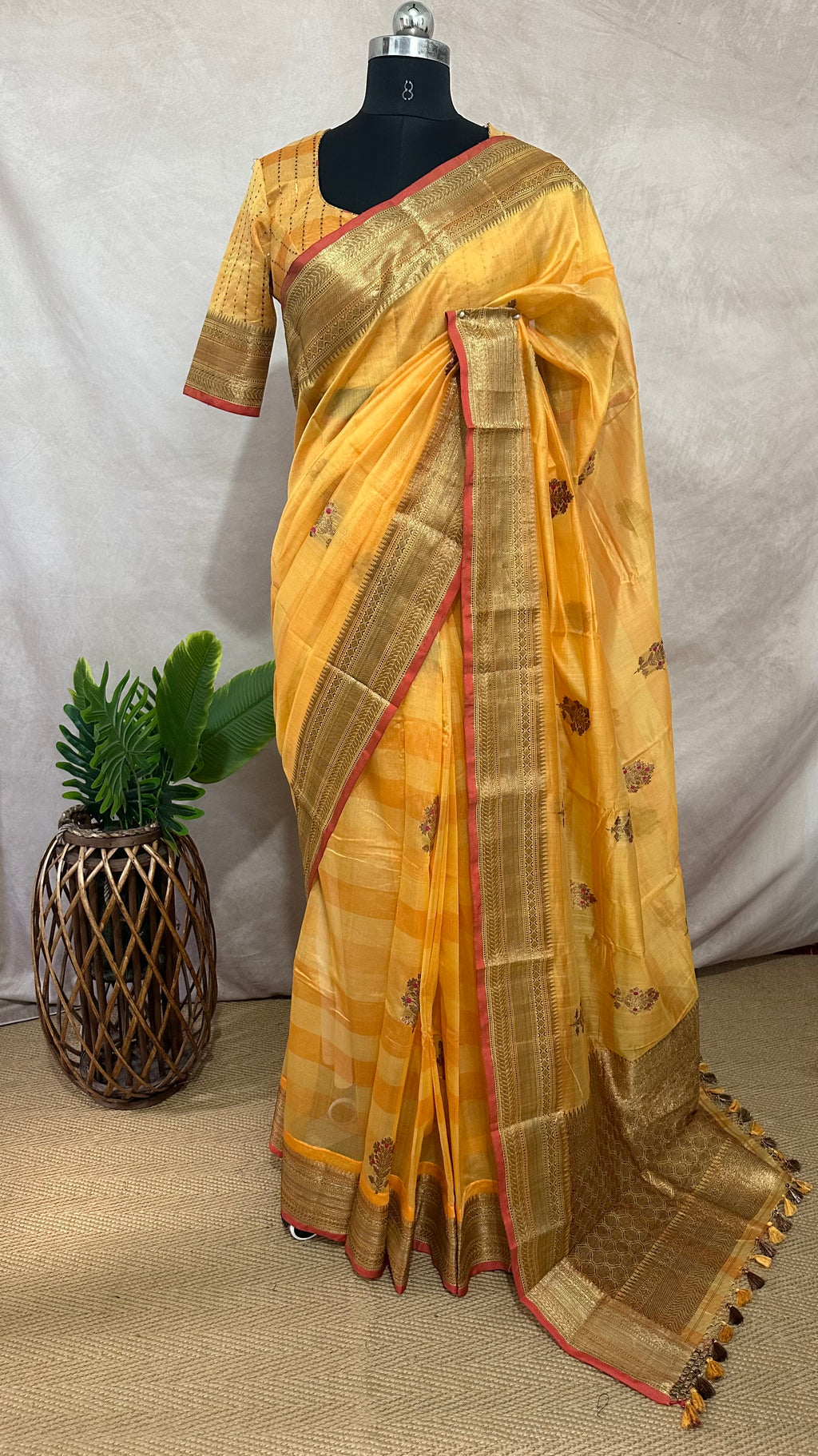 Banarsi cotton silk handloom saree with stitched blouse