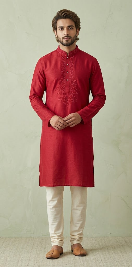 Maroon cotton kurta with hand emroidery on the neck