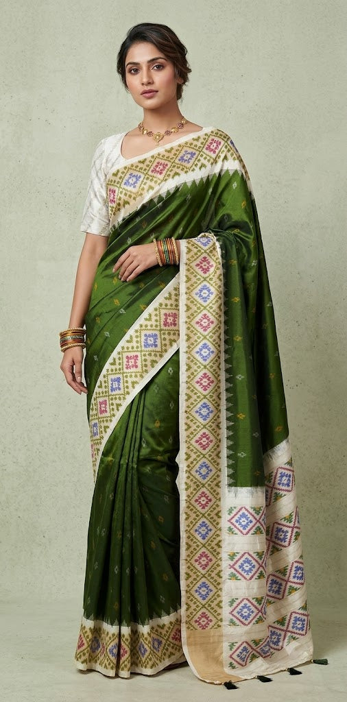 Olive green Ikkat handloom saree, no BP
