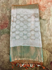 Green and blue double shade tissue saree with banarsi border, with stitched blouse