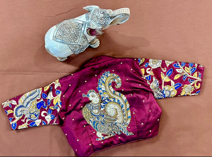 Maroon pure silk blouse with kalamkari patch work and bead work