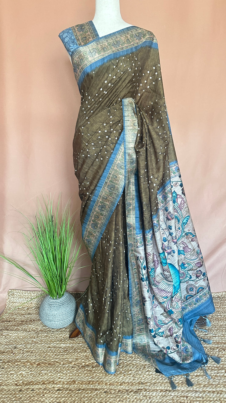 Semi tussar silk bandini and kalamkari print saree, with BP