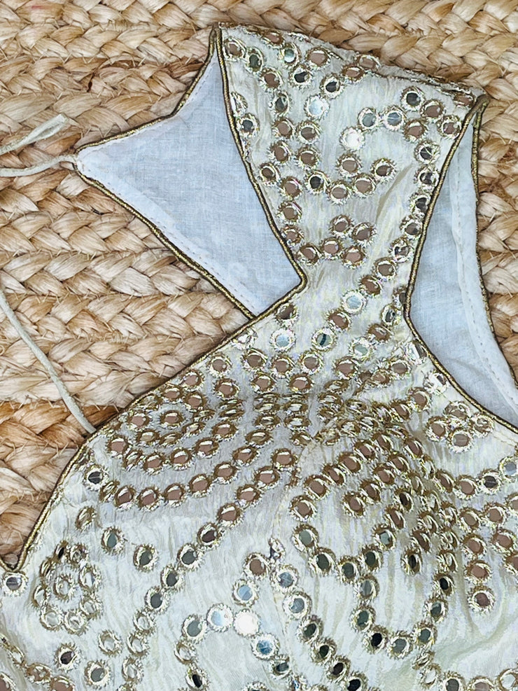 Designer gold tissue blouse with mirror work