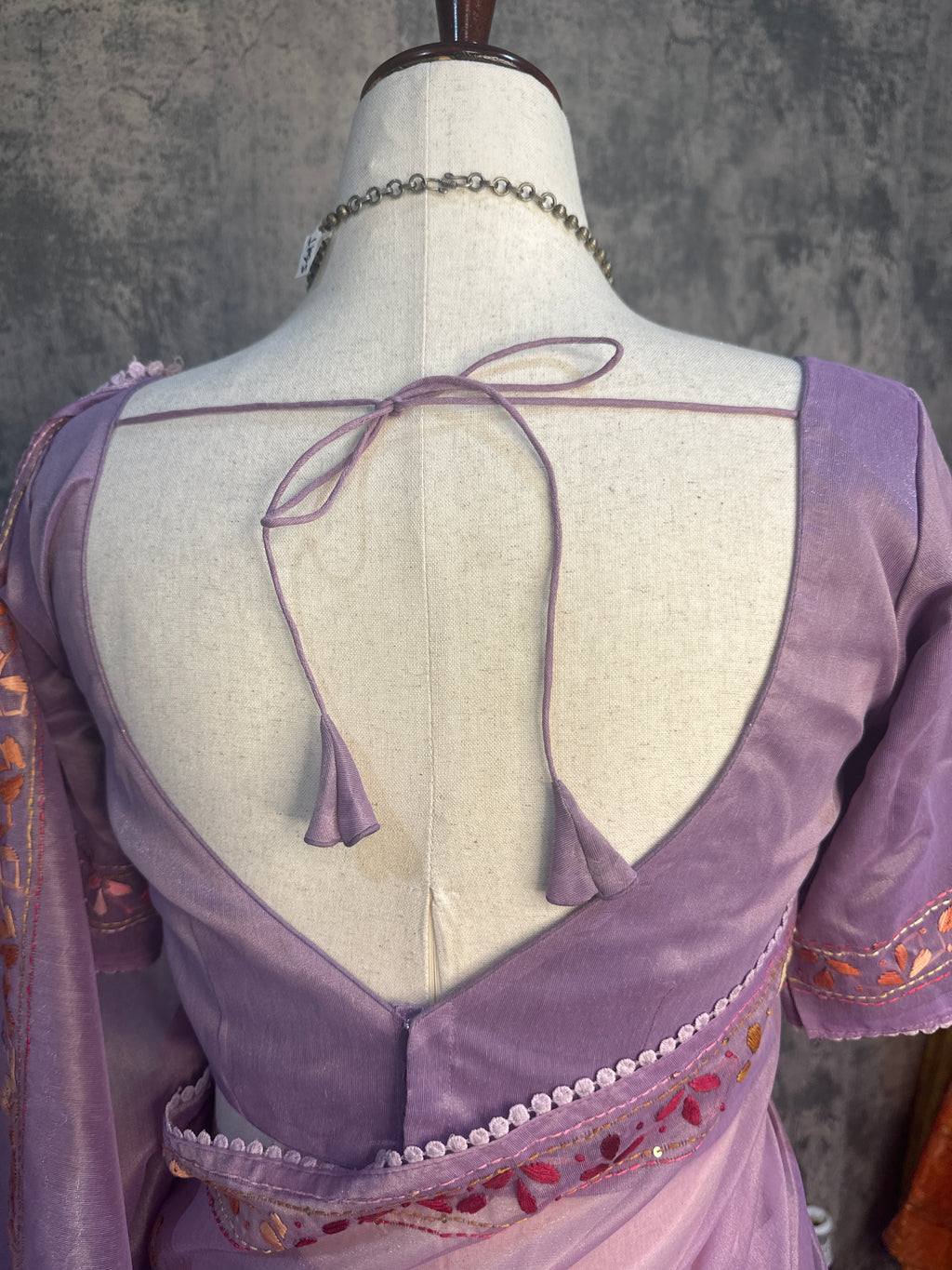 Tissue cotton saree with handwork and stitched blouse