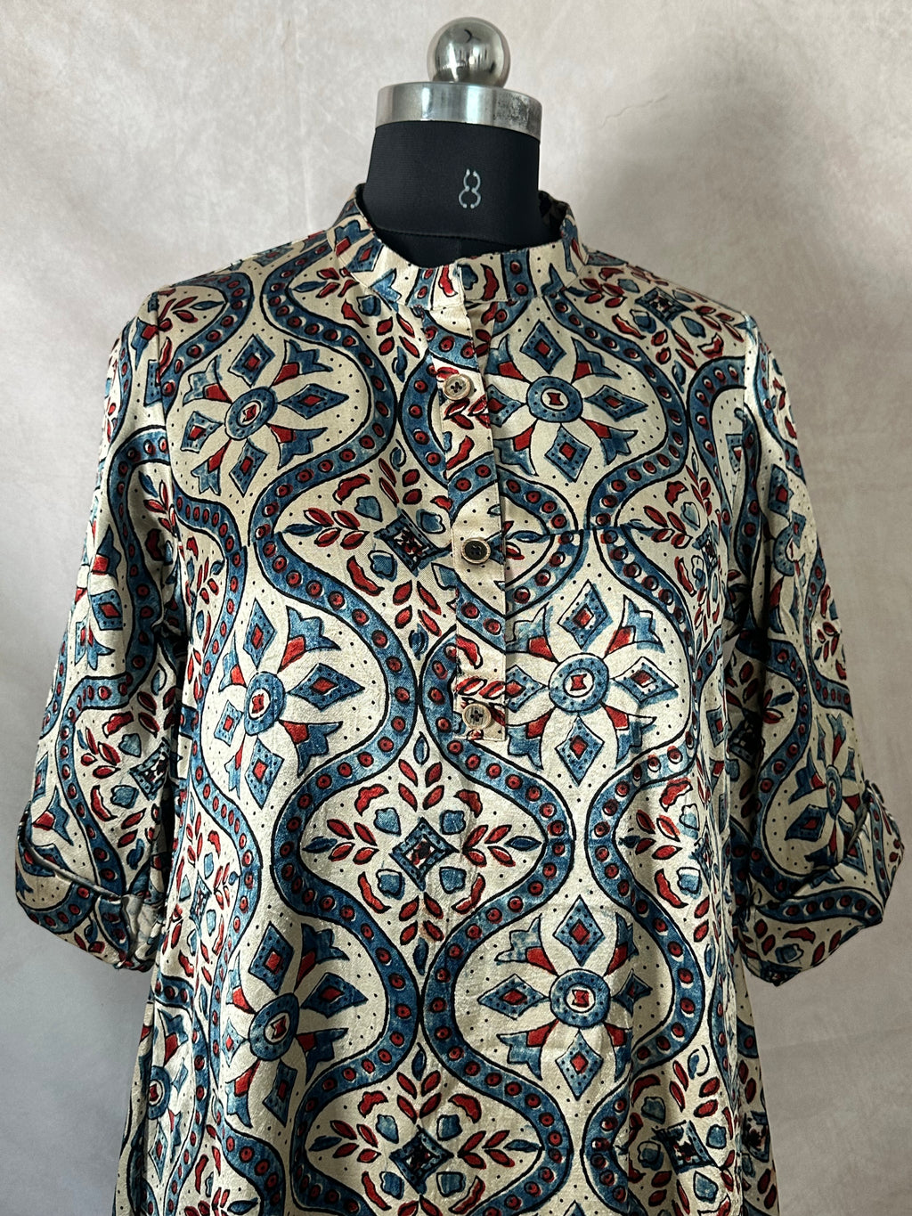 Cream and blue mashru ajrakh dress with high low pattern