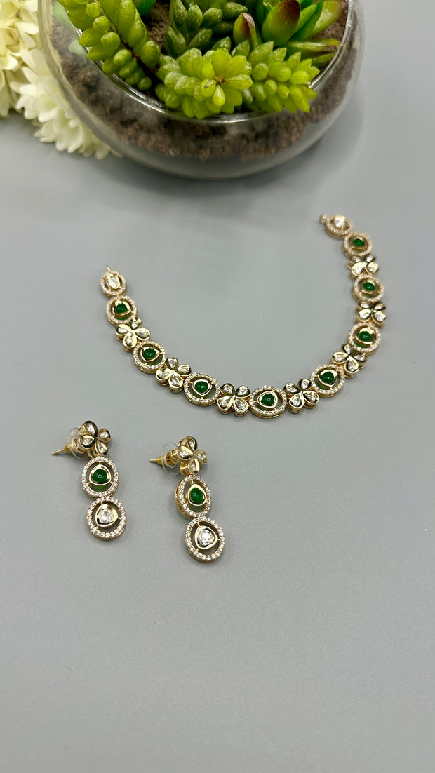 Moissanite stone necklace with green stone and earring