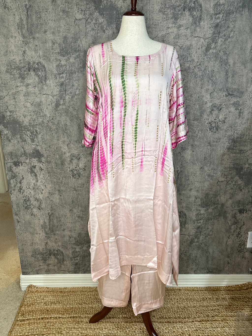 Modal silk shibori designer kurti with handwork and bottom