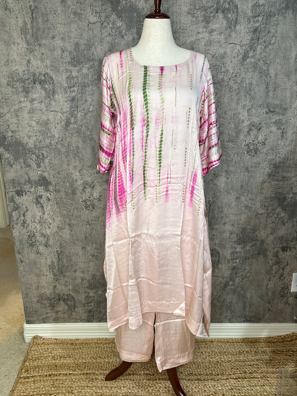 Modal silk shibori designer kurti with handwork and bottom