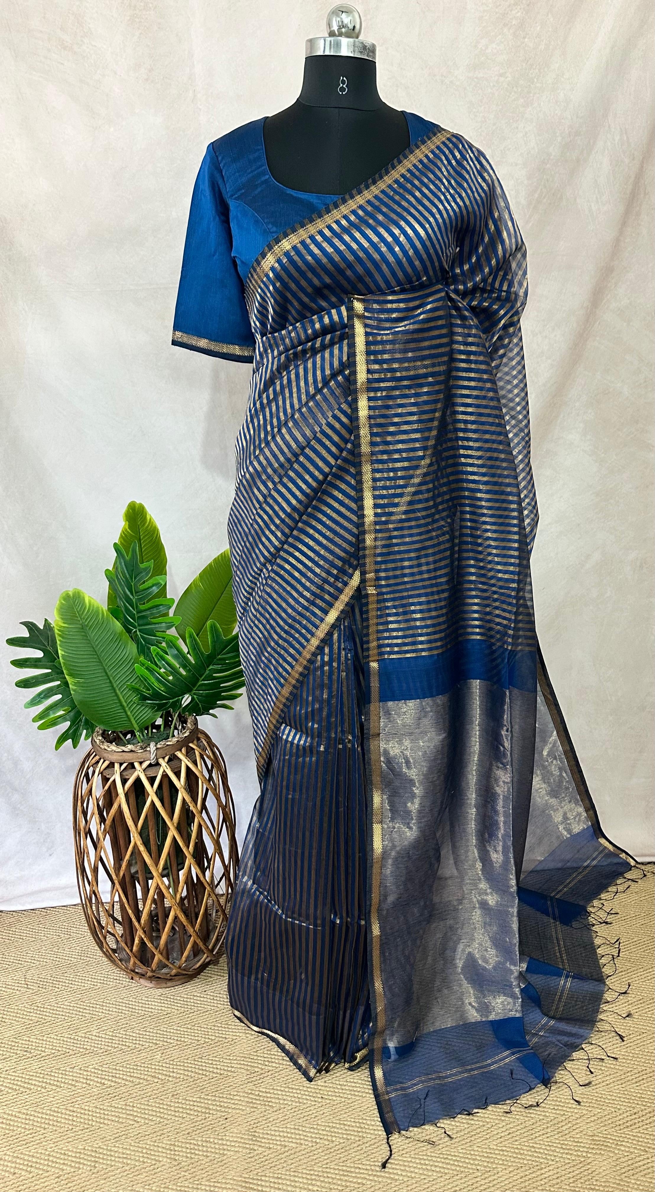 Maheshwari tissue silk saree with stripe and stitched blouse