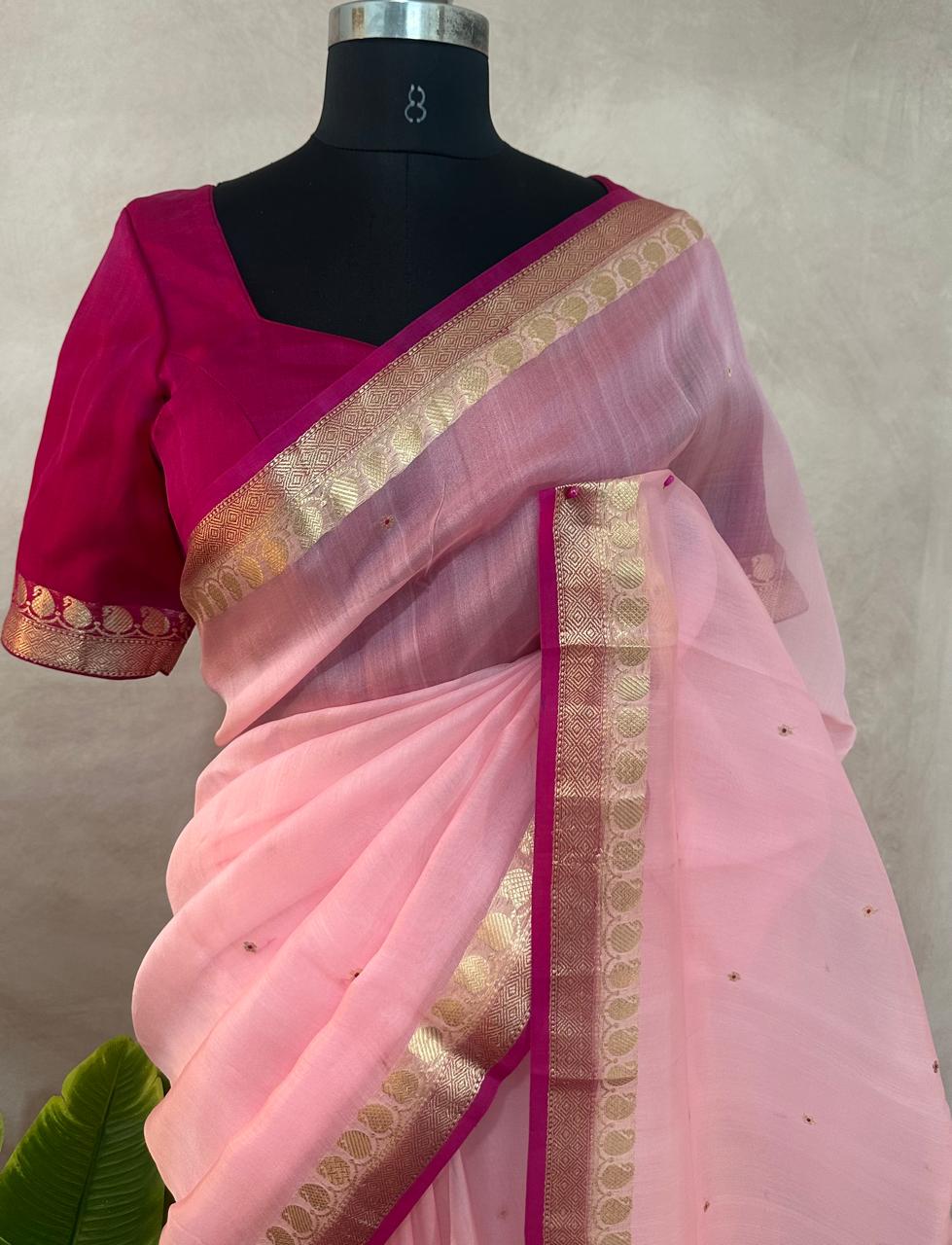 Kora silk saree with small border and stitched blouse and under skirt