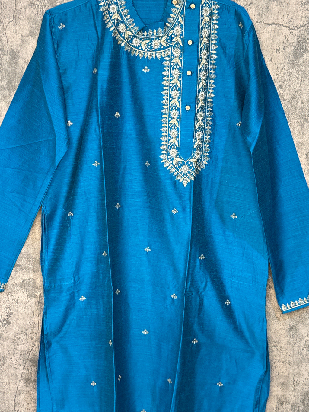 Blue cotton silk kurta with side neck open and emroidery