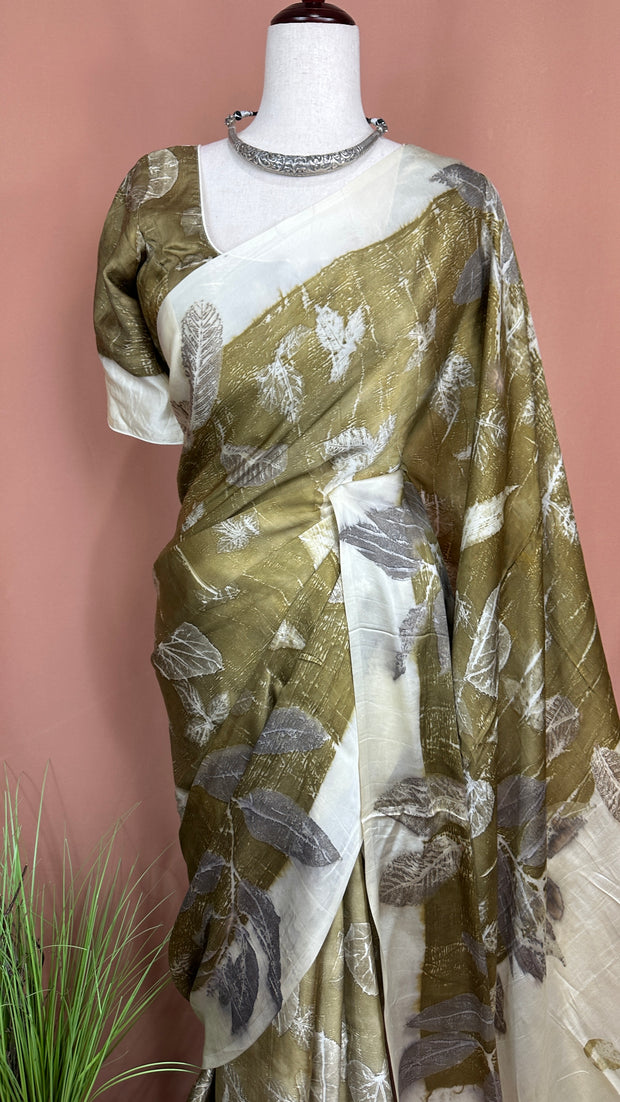 Eco printed modal silk saree with stitched blouse