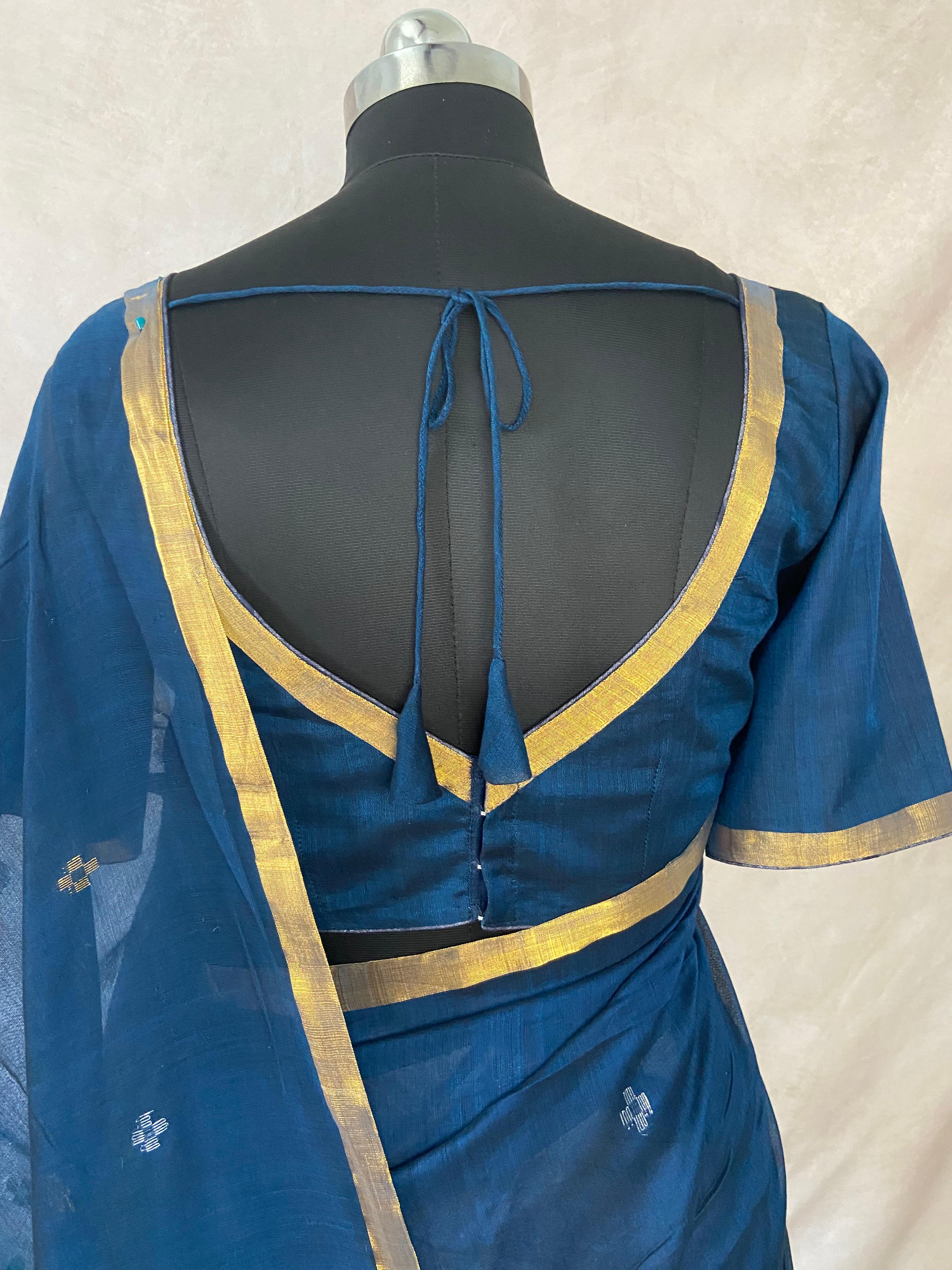 Peacock blue mangalgiri cotton silk handloom jamdani saree with stitched blouse