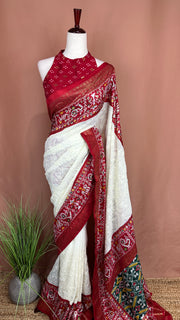 Georgette chikankari saree with printed pattola border, Stitched blouse