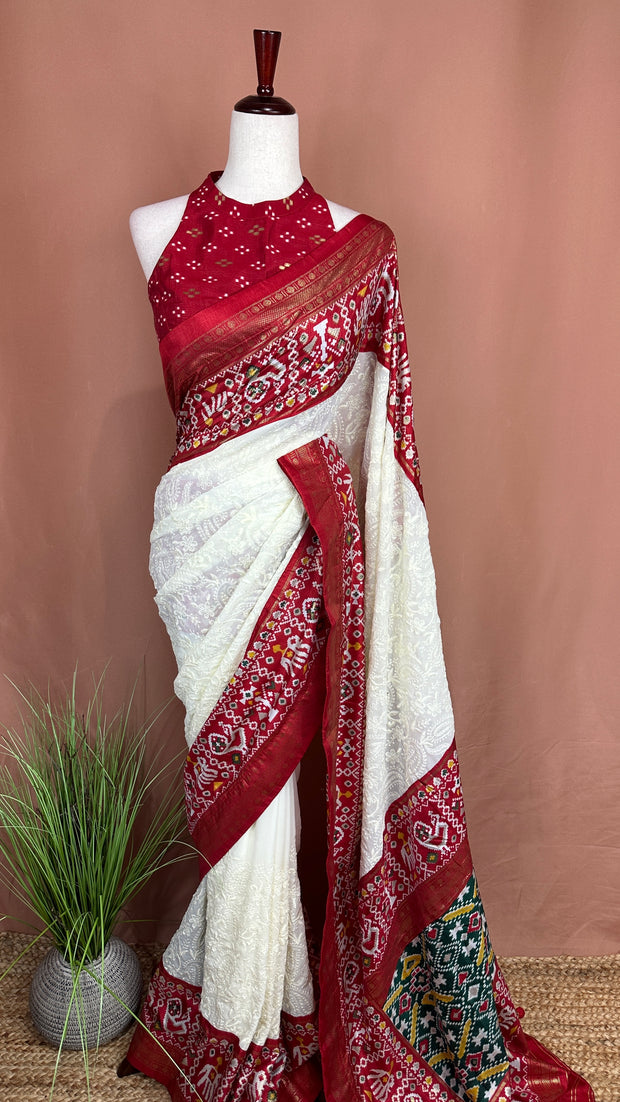 Georgette chikankari saree with printed pattola border, Stitched blouse