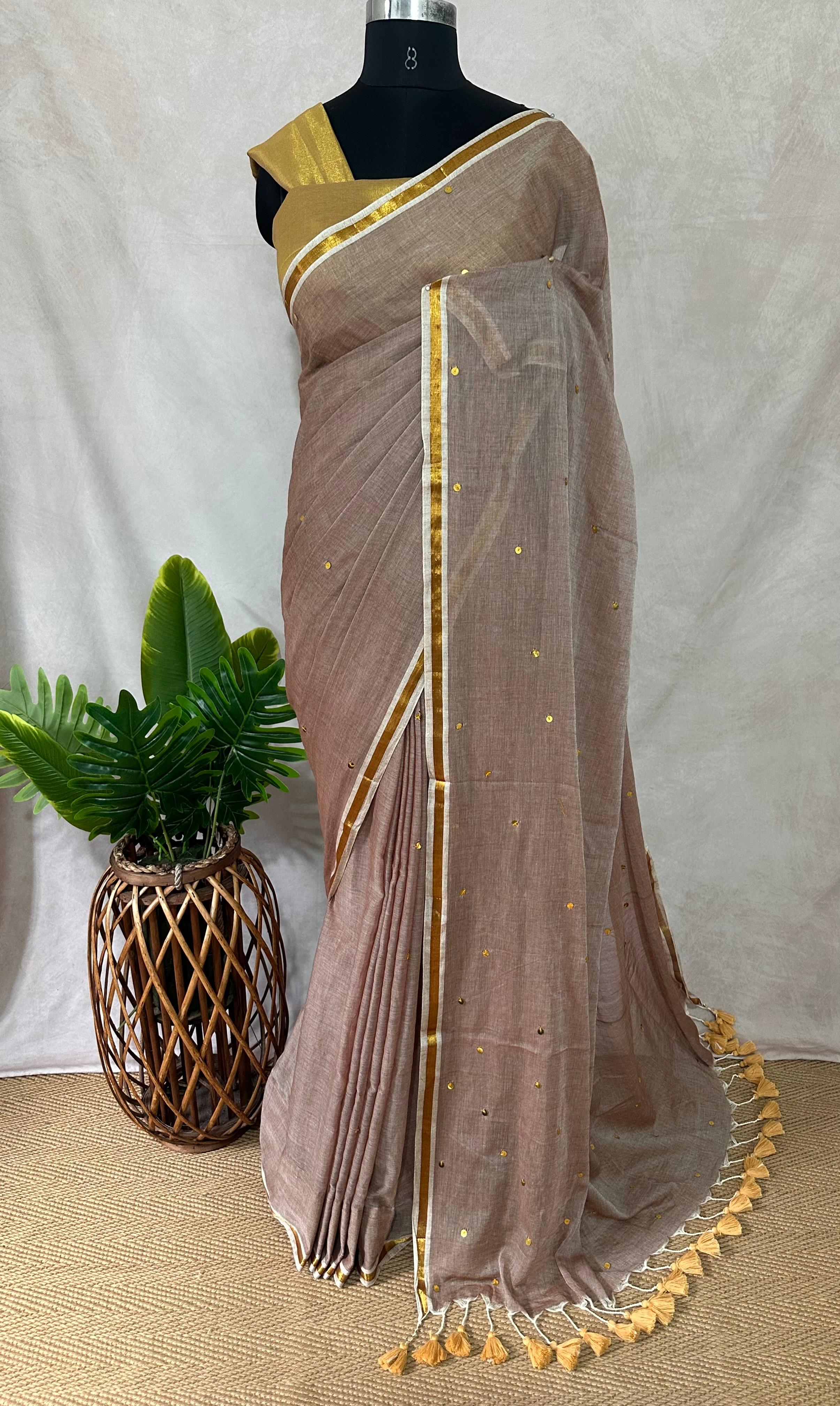 Pure mulcotton saree with sequins