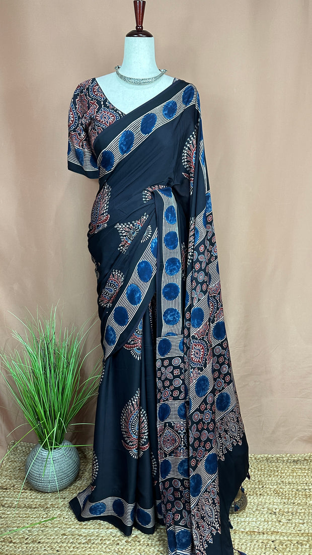 Ajrakh handblock printed modal silk saree with stitched blouse