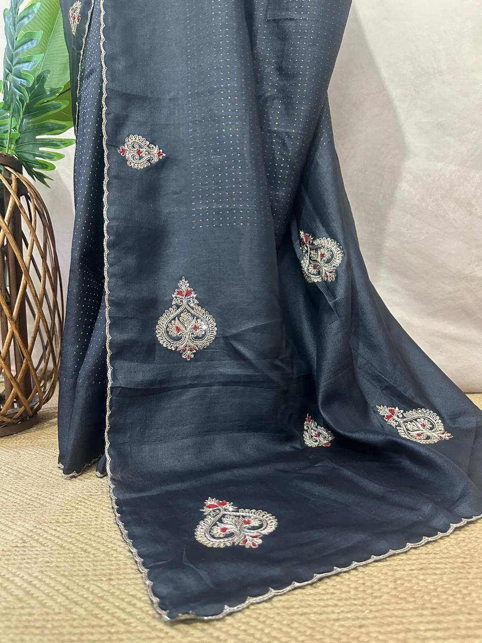 Dark grey pure tussar silk saree with hand work and stitched blouse