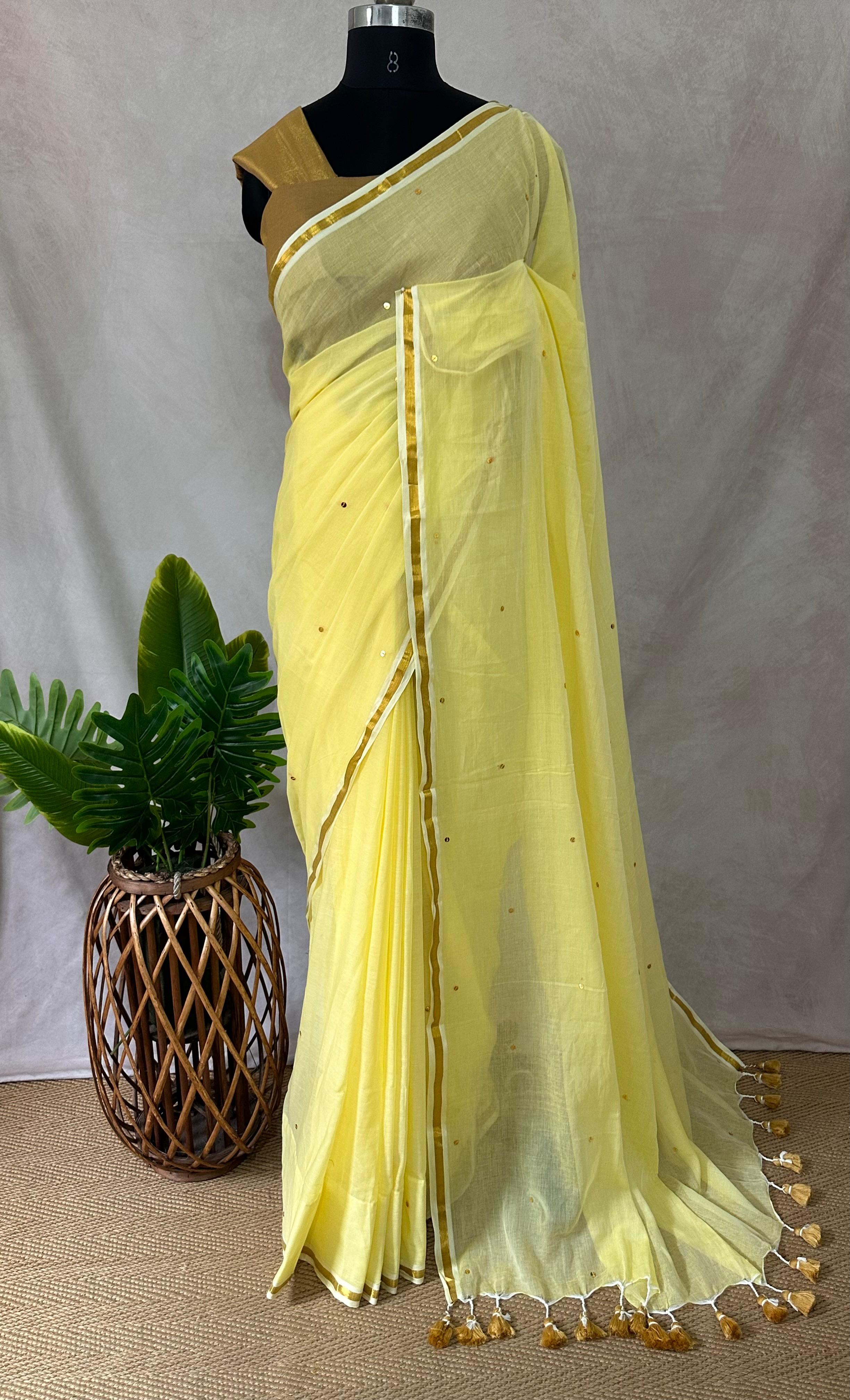 Pure mulcotton saree with sequins