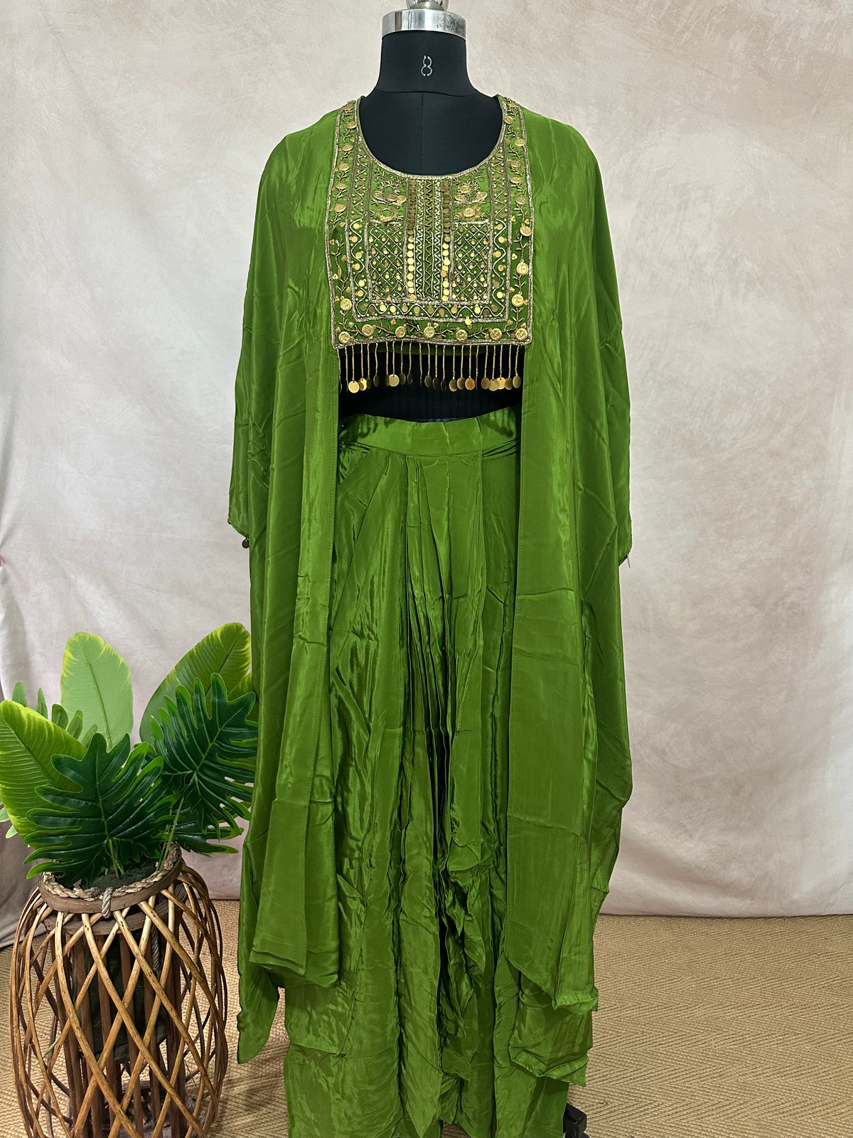 Mehandi green crepe top with drape skirt
