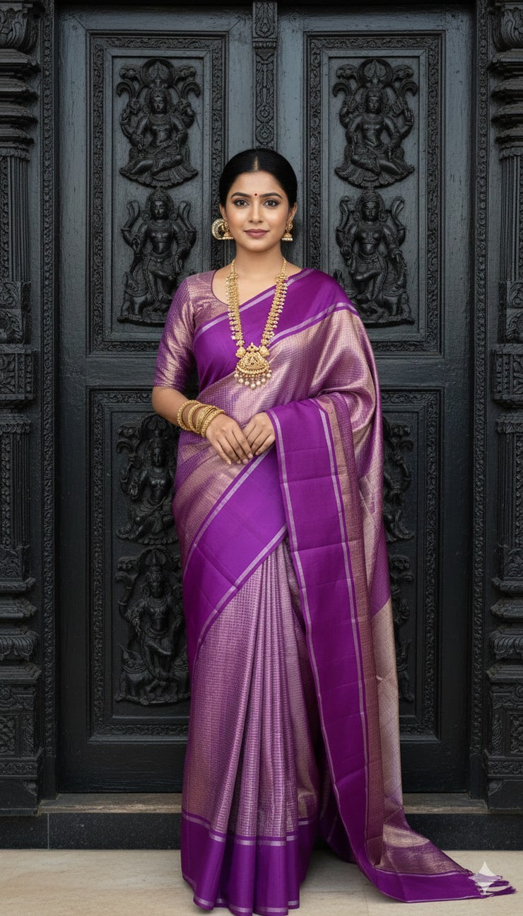 Purple Handloom Pure Silk Tissue Kanchivaram Saree With Stitched Blouse