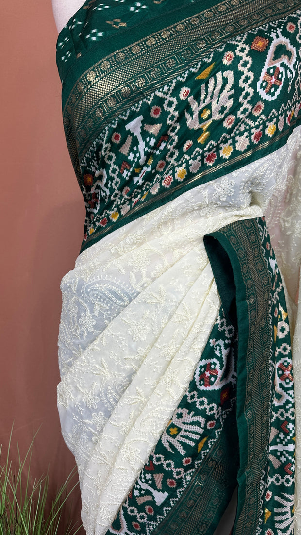 Georgette chikankari saree with printed pattola border, Stitched blouse