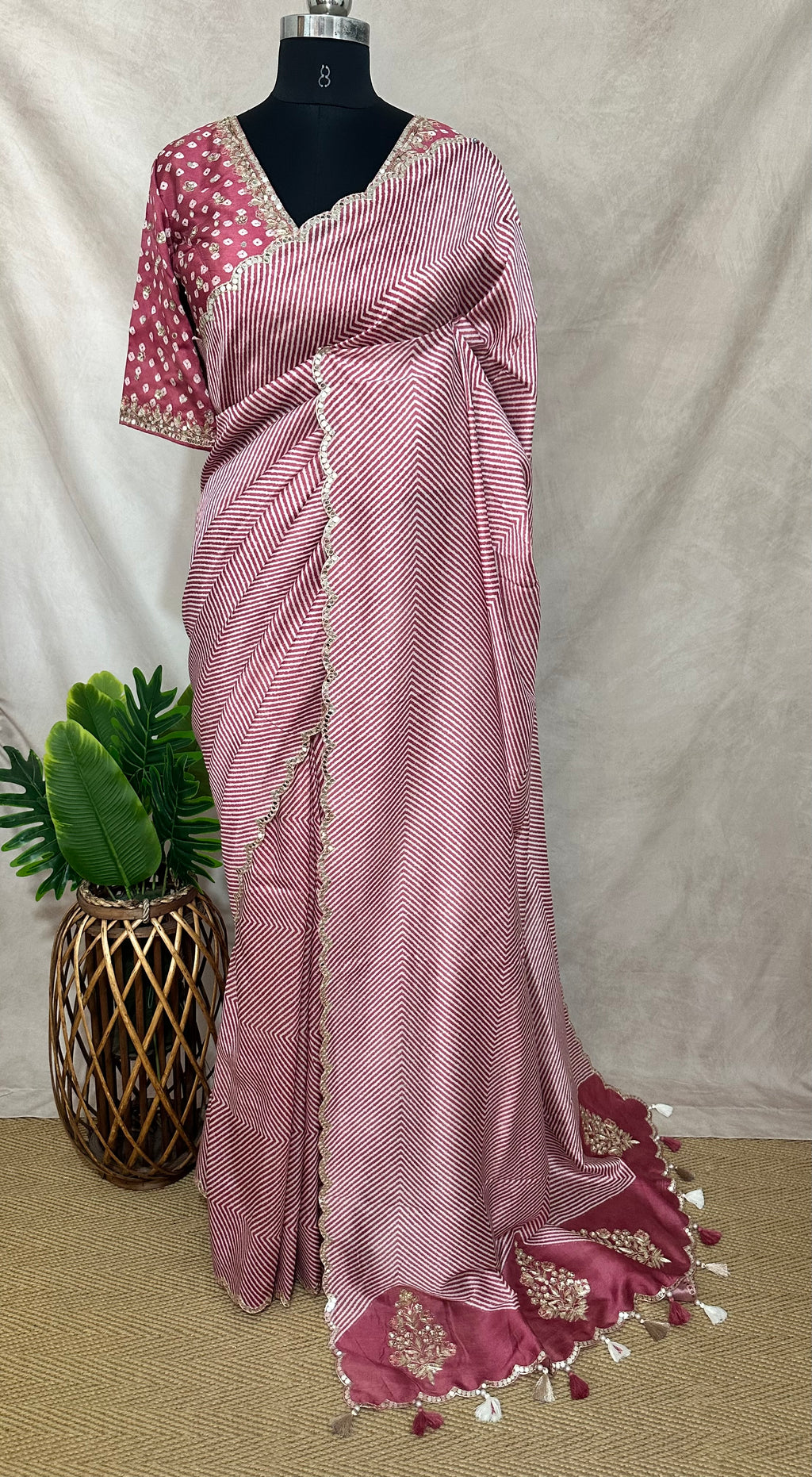 Lahariya printed tussar silk saree with handwork , stitched blouse