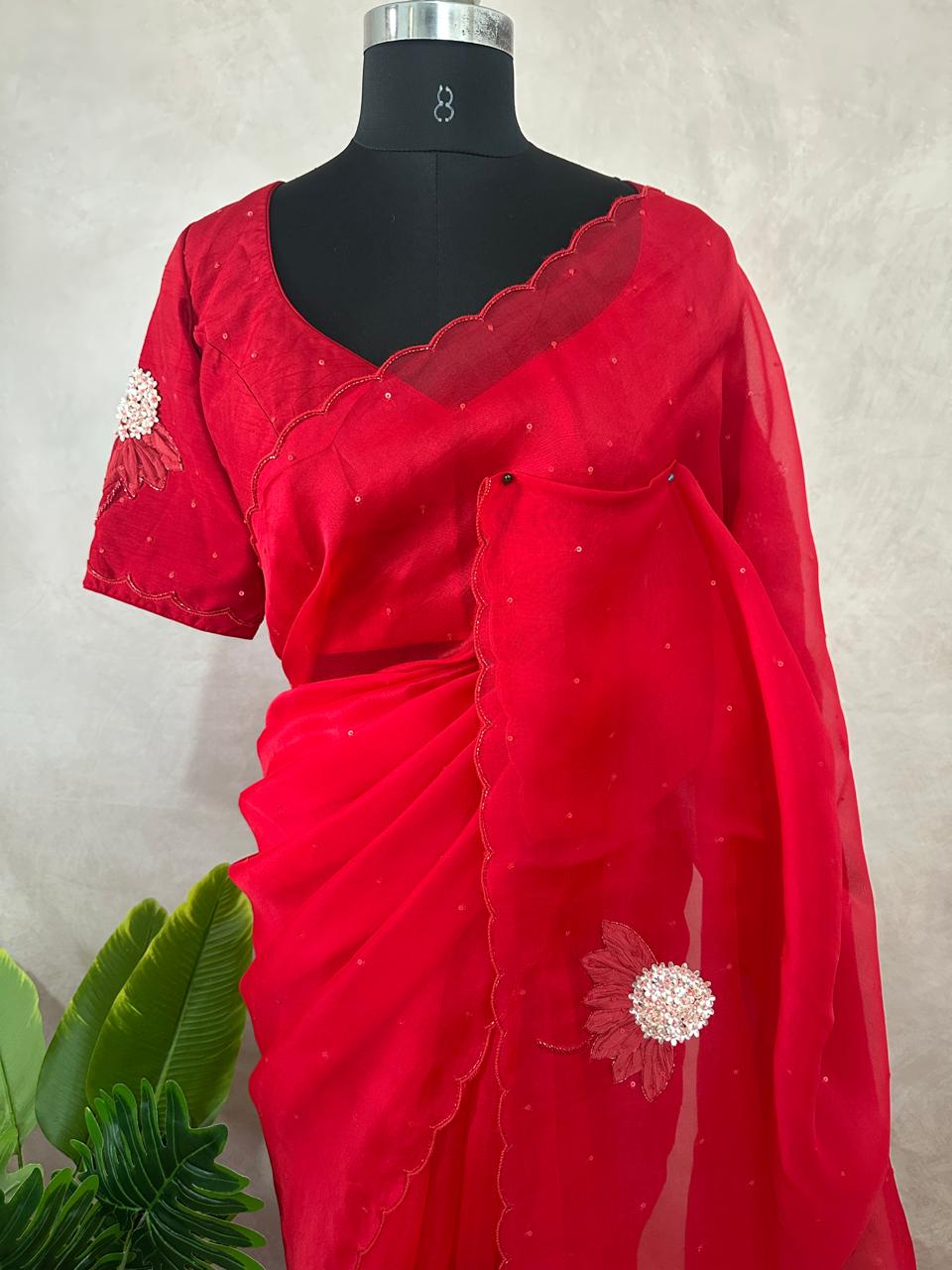 Red Organza silk saree with emroidery , stitched blouse