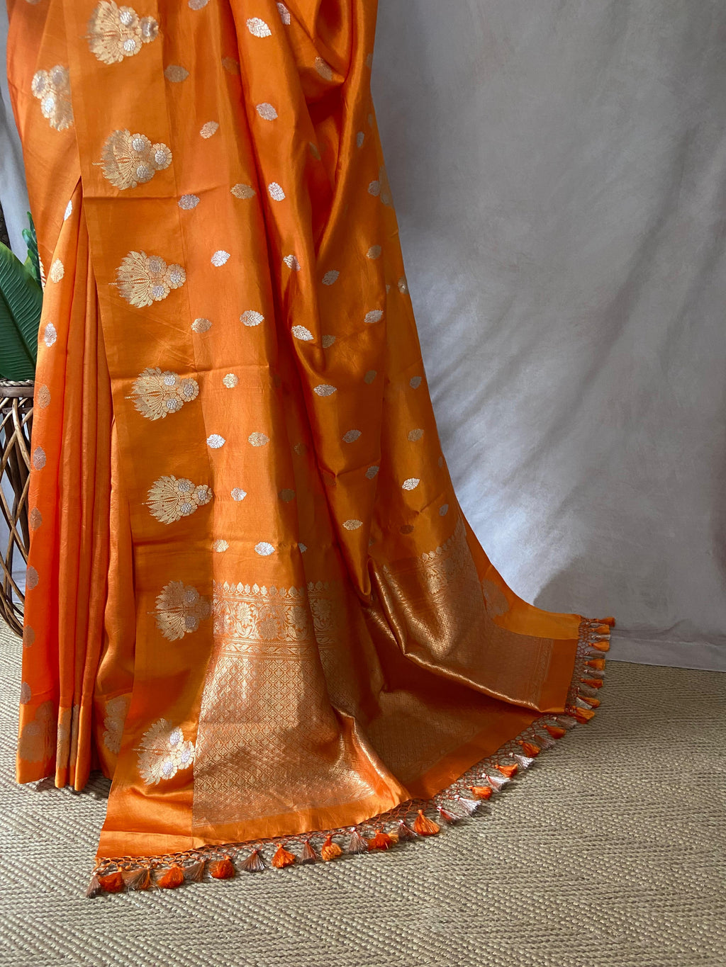 Orange pure raw mango silk saree with stitched blouse