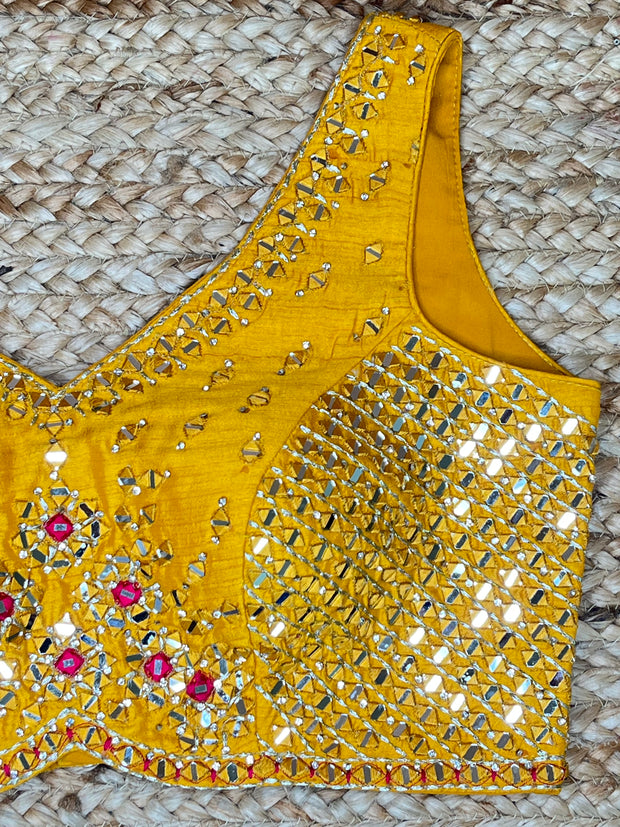 Yellow designer blouse with mirror work