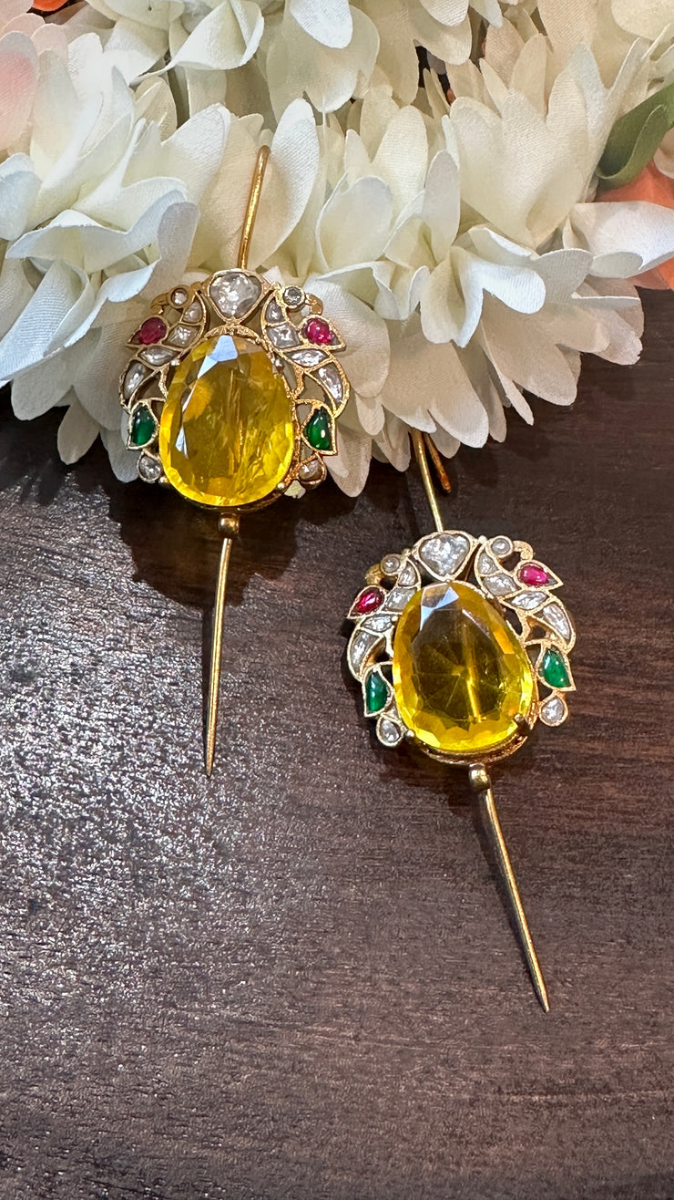 Multi color kundan stone yellow citrine ear pin/cuff