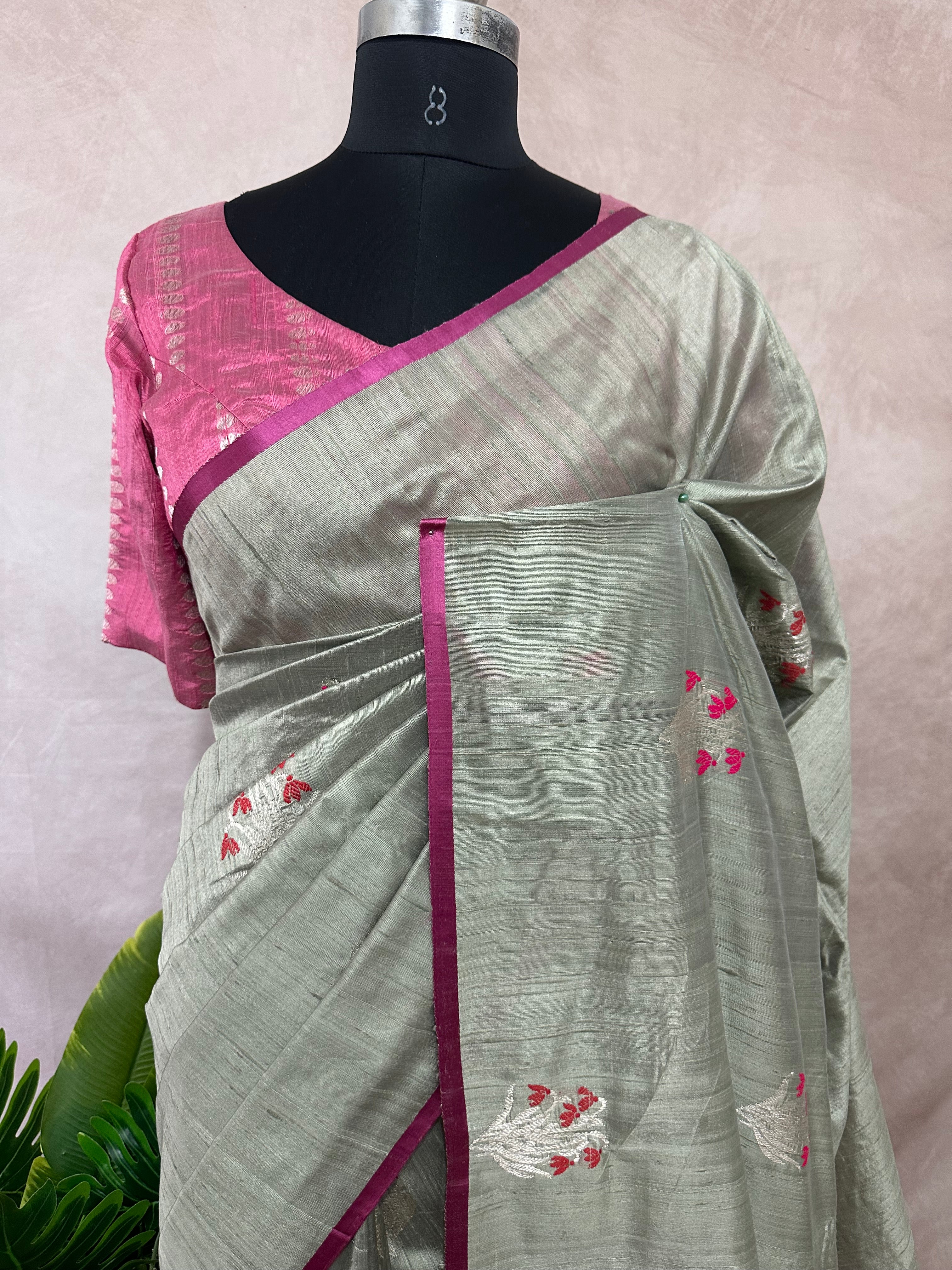 Light green designer raw silk saree with stitched blouse