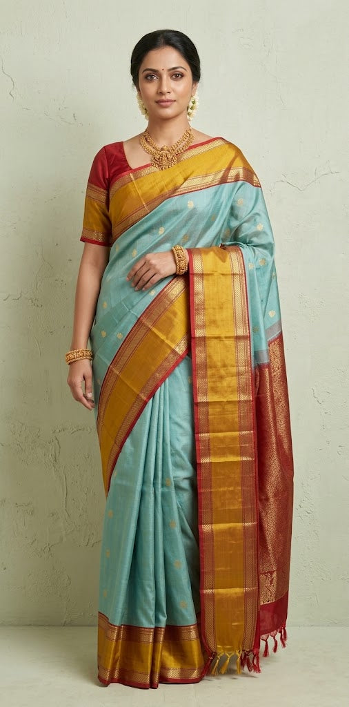 Pure handloom kanchivaram Light blue saree with 2gm zari border