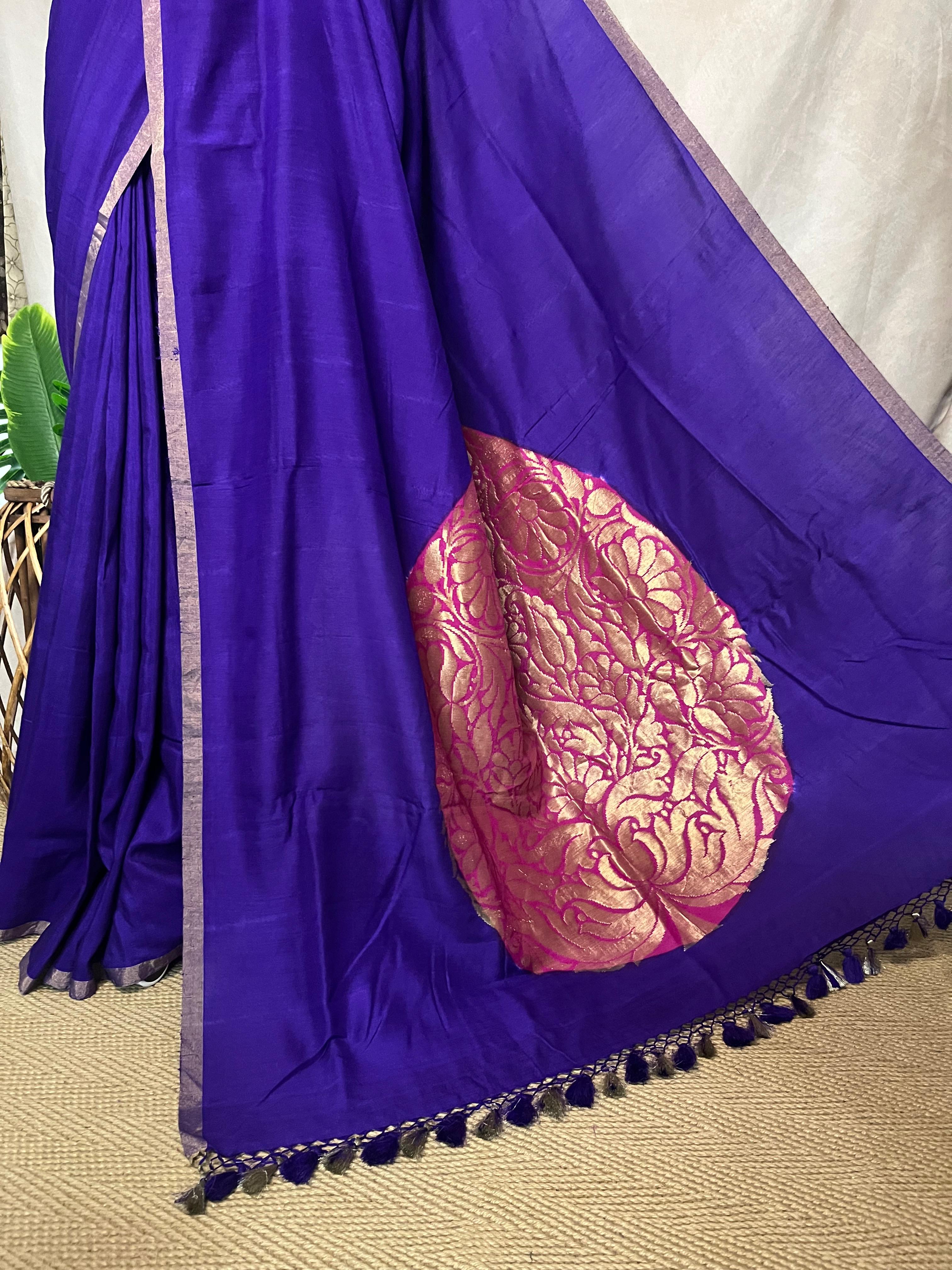 Purple munga tussar silk saree with designer pallu and stitched blouse