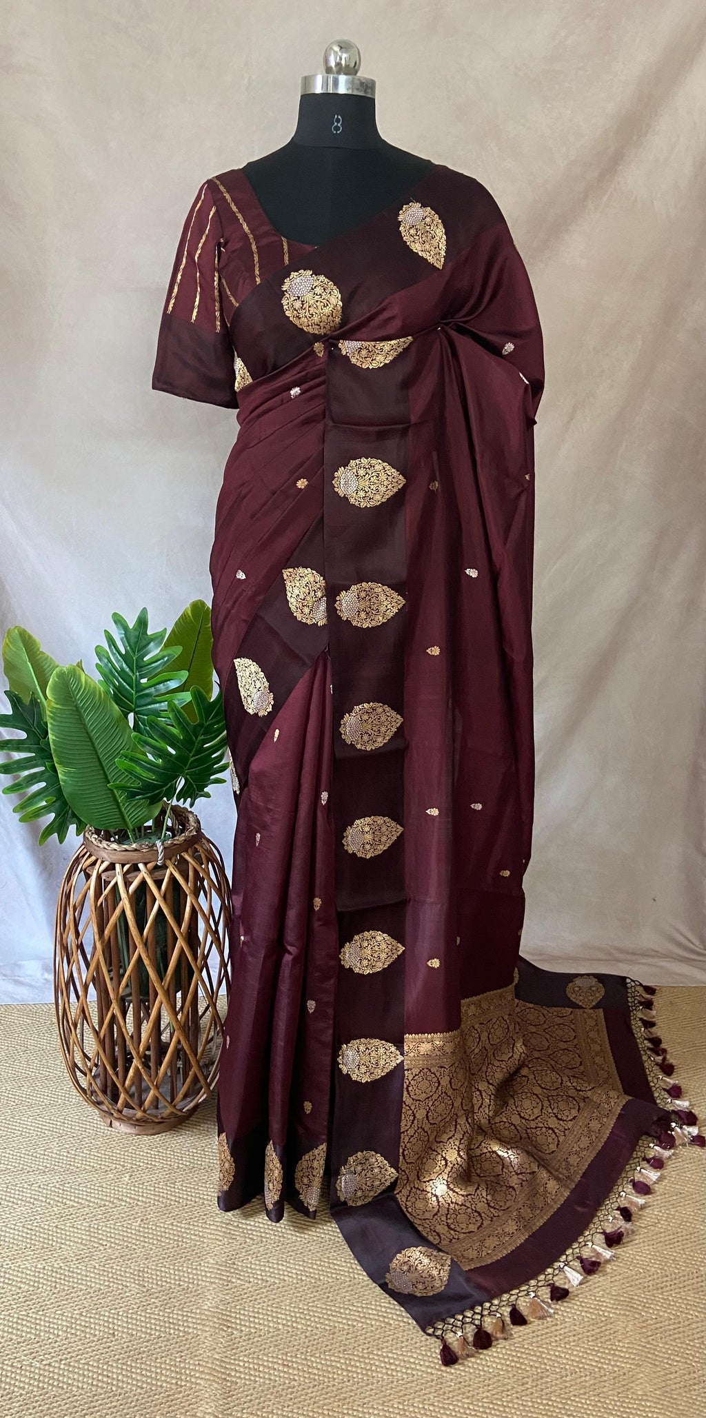 Brown pure raw mango silk saree with stitched blouse