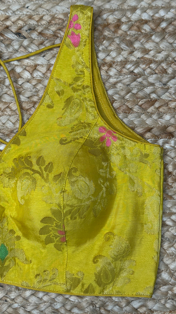 Yellow banarsi sleeveless blouse