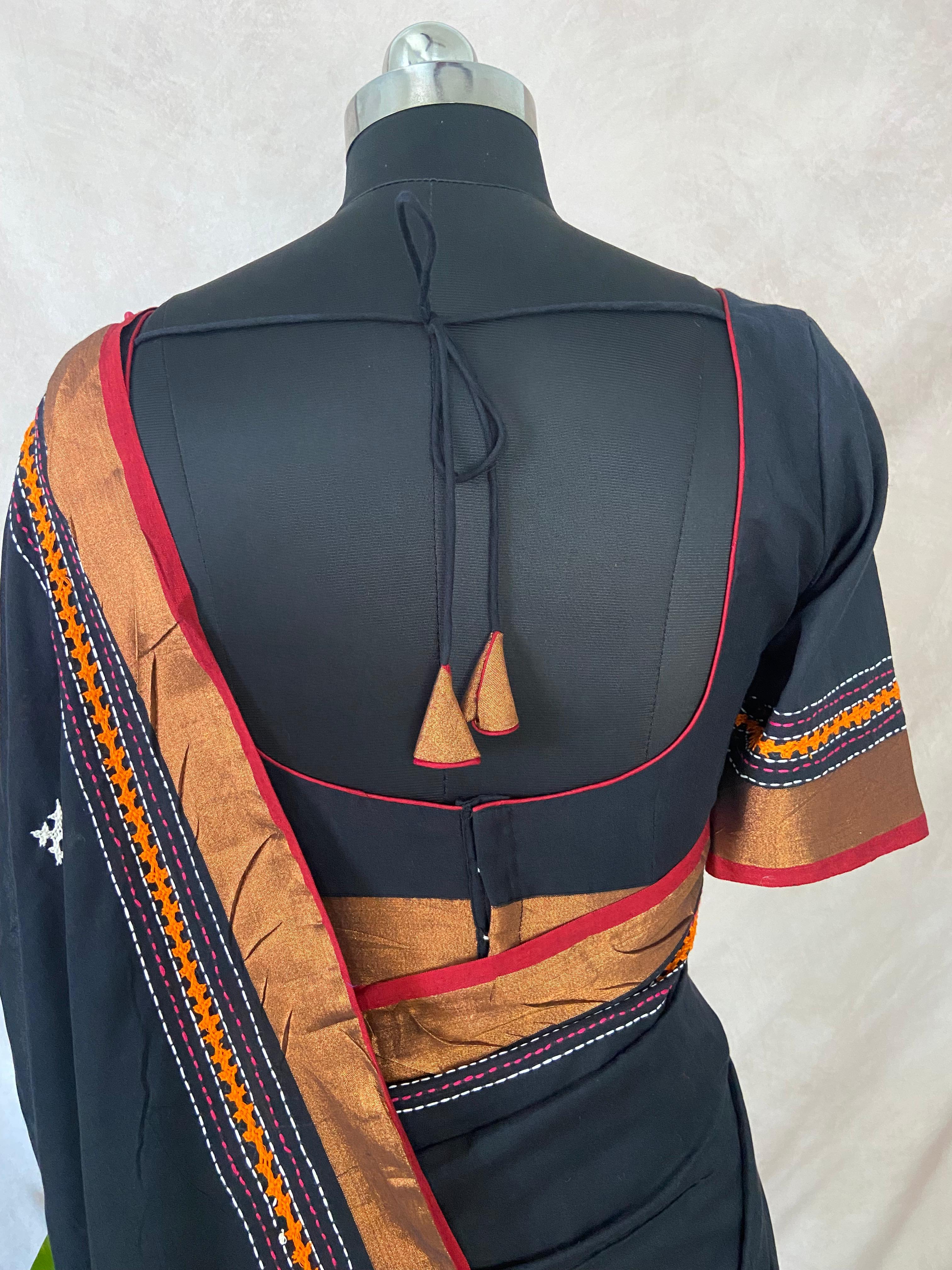 Black cotton saree with kutch work and stitched blouse