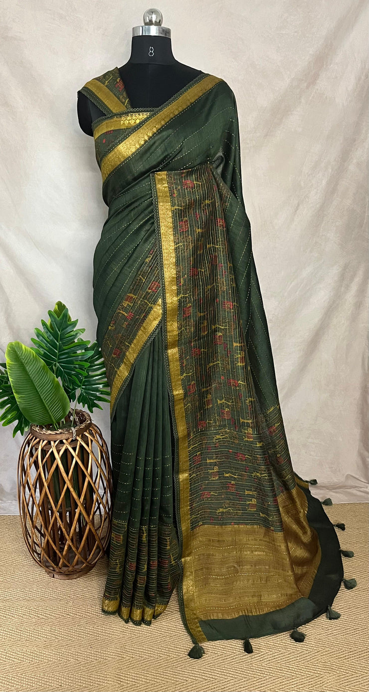 Green and yellow tussar silk saree with digital print and highlighted kantha work, includes BP