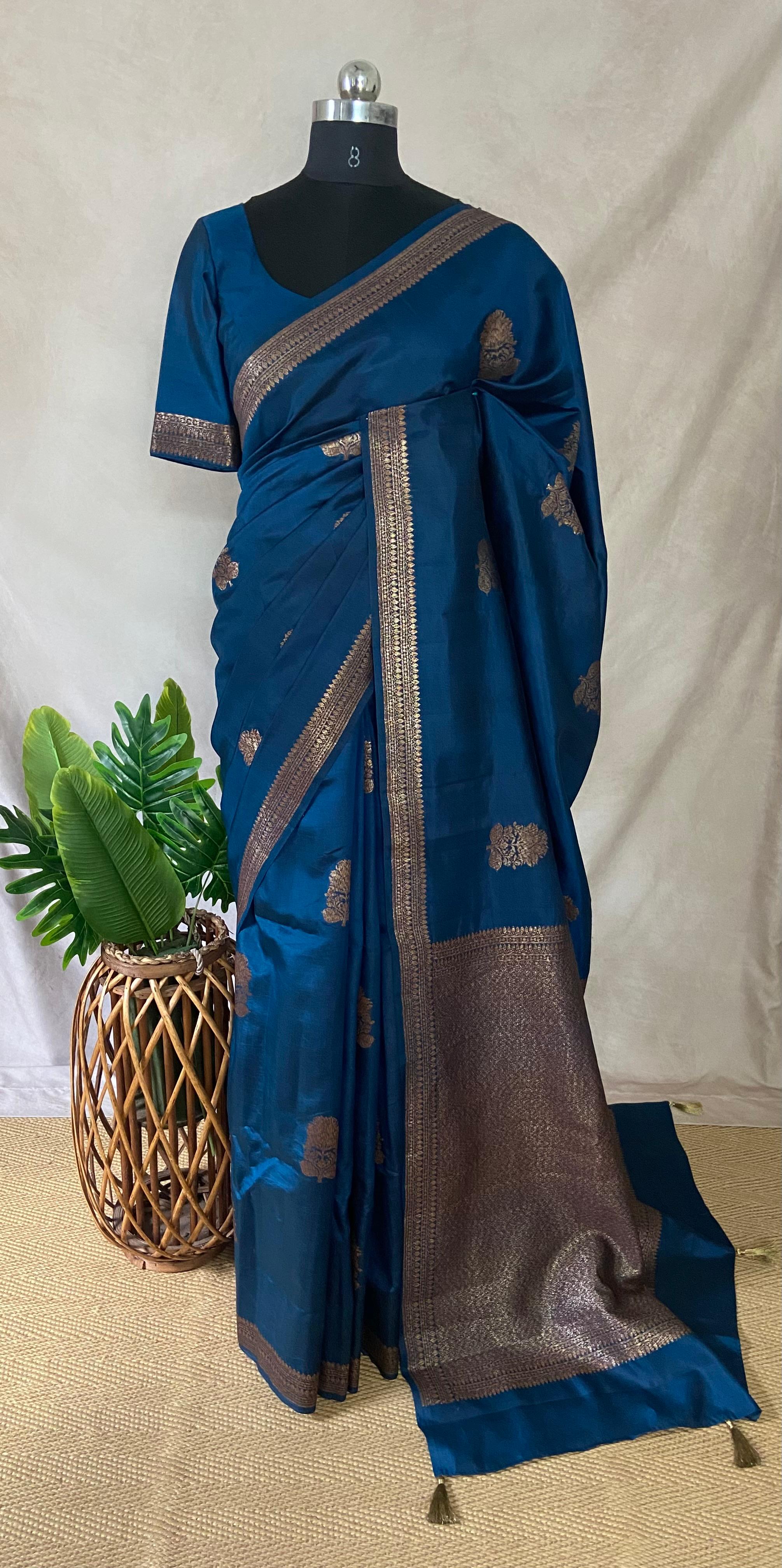 Peacock blue Pure tussar banarasi silk saree, with stitched blouse