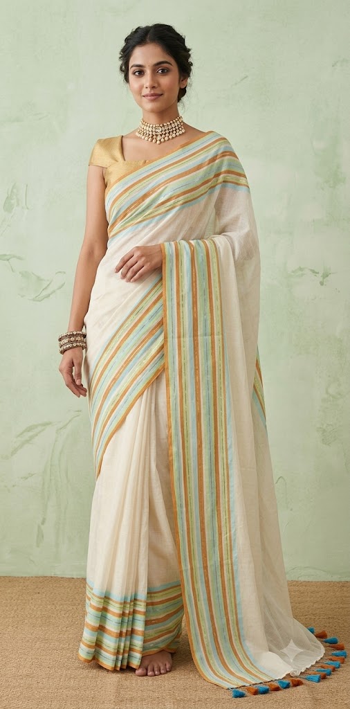 Multi color border 120 count mulcotton saree