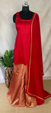 Red silk short kuti with Banarsi brocade flared palazzo