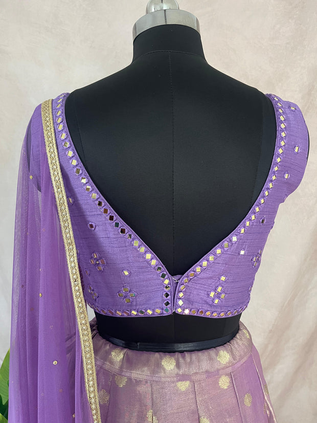 Lilac tissue silk lehanga with mirror work blouse