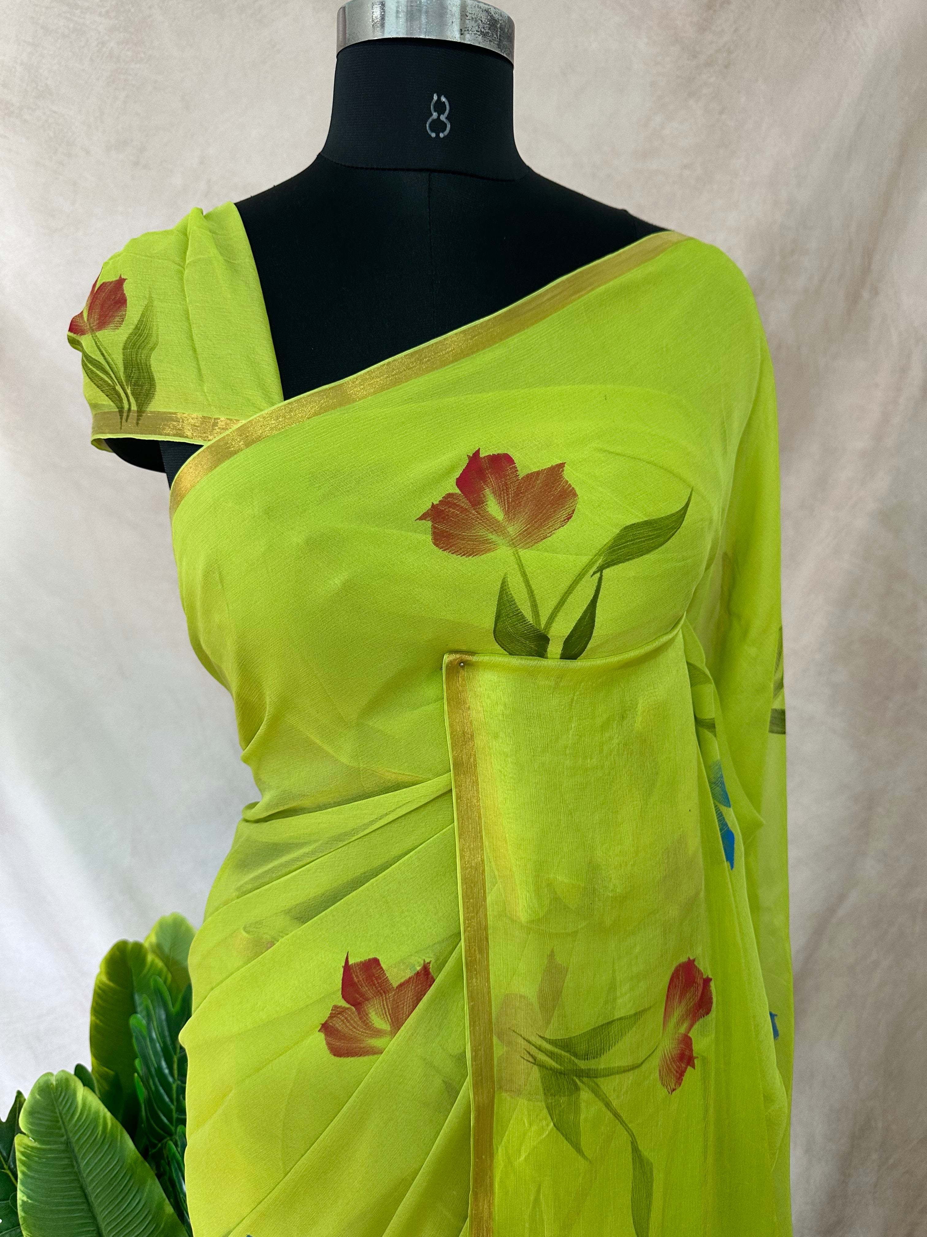 Premium hand painted Pure Chiffon saree , with BP