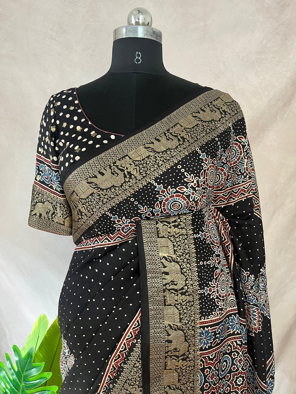 Ajrakh hand block printed premium dola silk saree with stitched blouse