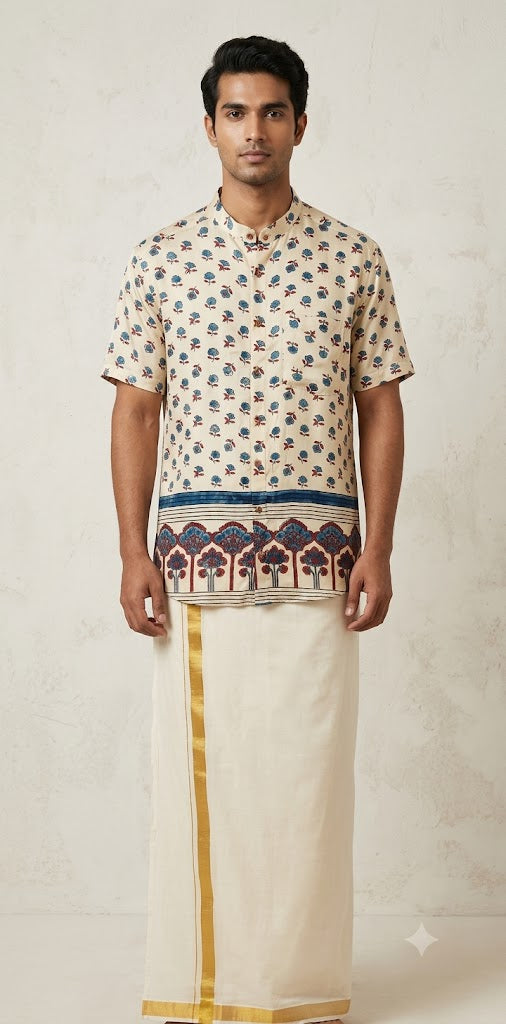 Ajrakh handblock printed Mandarin colar shirts in pure modal silk