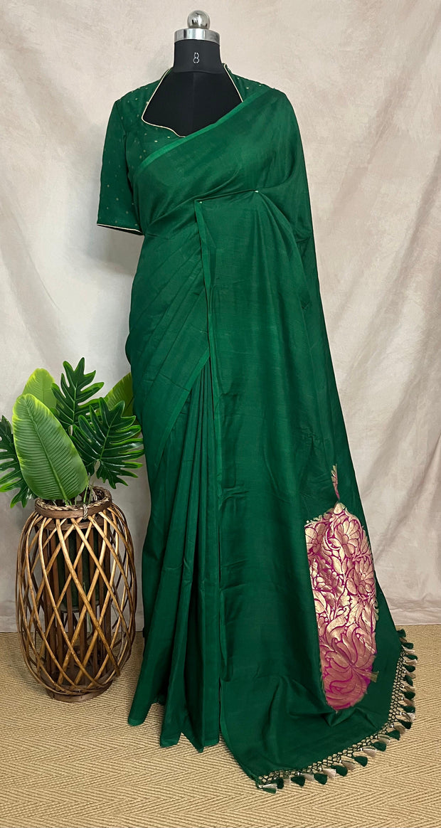 Bottle green munga tussar silk saree with designer paalu and stitched blouse